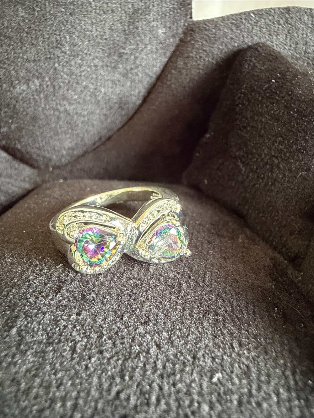 Silver Heart Double Stone Ring with Mystic Rainbow CZ